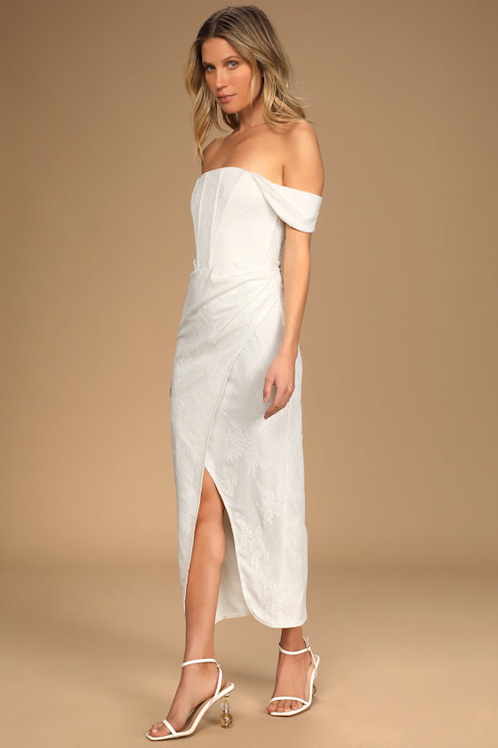 Falling For Us White Lace Off-The-Shoulder Faux-Wrap Midi Dress 11