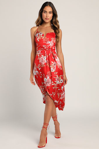 My Favorite Day Red Floral Print Tulip Skirt Midi Dress 2