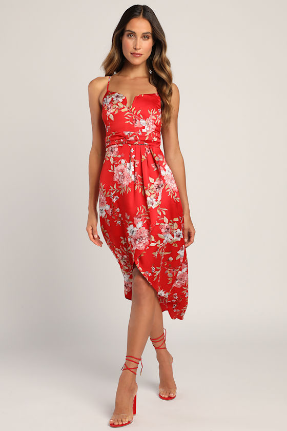 My Favorite Day Red Floral Print Tulip Skirt Midi Dress 2