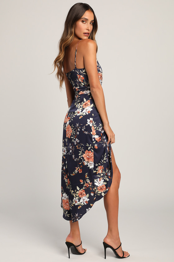 Product image for My Favorite Day Navy Blue Floral Print Tulip Skirt Midi Dress