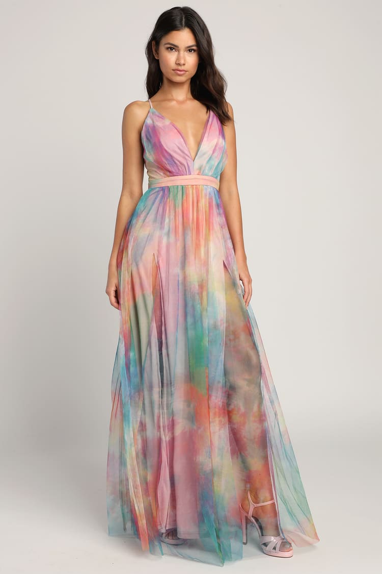Glam Tie-Dye Gown - Watercolor Tie-Dye Maxi - Slit Dress - Lulus