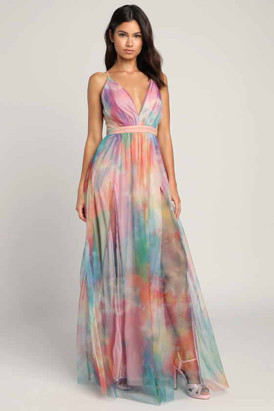 Glam TieDye Gown Watercolor TieDye Maxi Slit Leg Maxi Dress Lulus