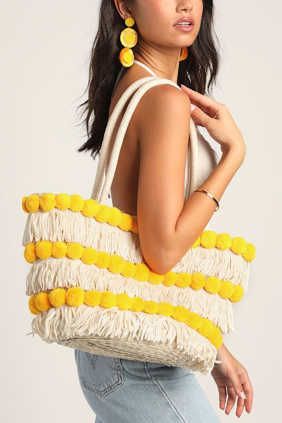 Yellow Pom Pom Bag Fringe Bag Straw Tote Bag Tote Bag Lulus