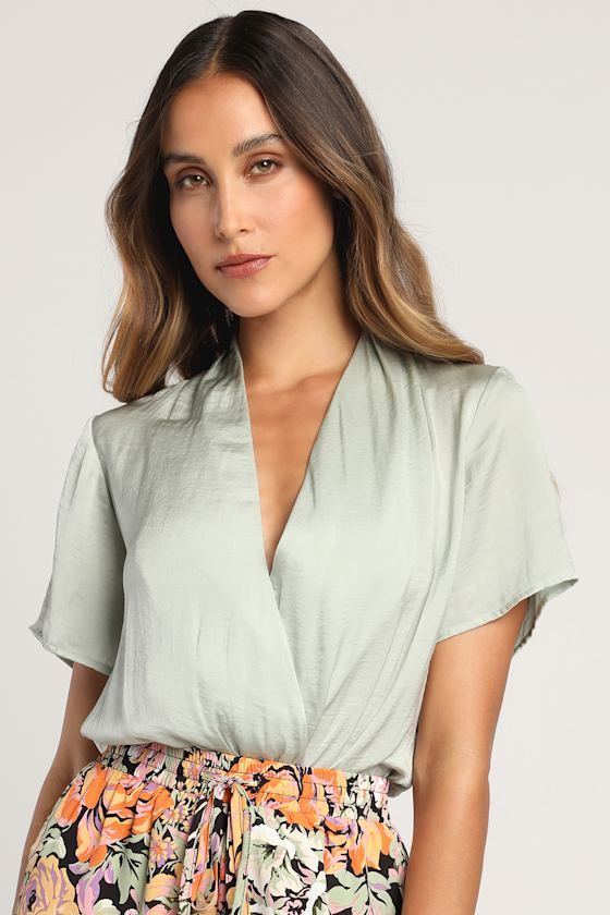 Light Green Bodysuit Satin Bodysuit Surplice Bodysuit Lulus