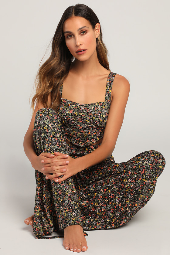 Rise and Bloom Black Floral Print Wide Leg Lounge Pants