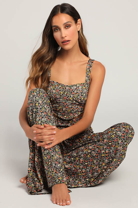 Rise and Bloom Black Floral Print Wide Leg Lounge Pants 6