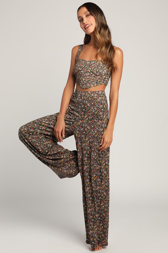 Rise and Bloom Black Floral Print Wide Leg Lounge Pants 5
