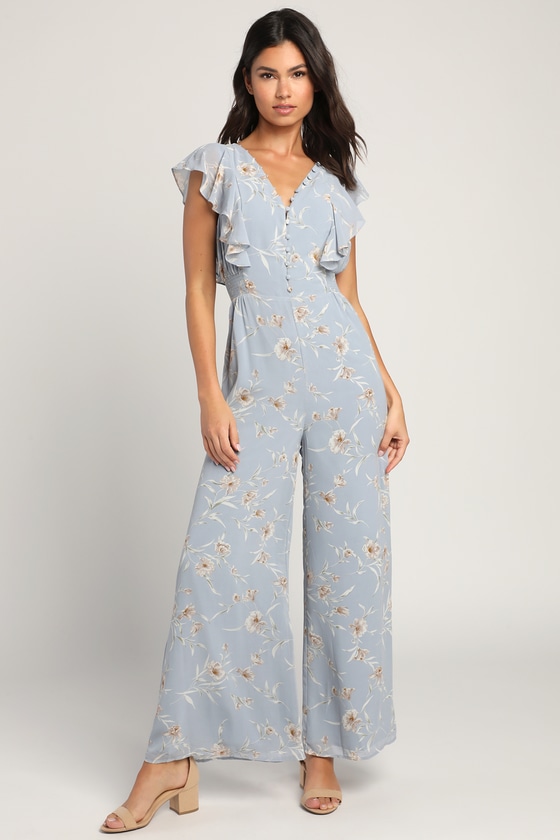 Blue Floral Print Jumpsuit - Ruffled Jumpsuit - Wide-Leg Jumpsuit - Lulus