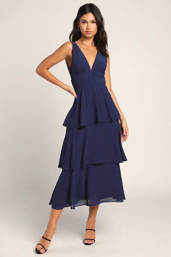 Navy Blue V-Neck Dress - Tiered Midi Dress - Sleeveless Dress - Lulus