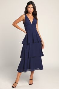 Celebration Time Navy Blue Sleeveless Tiered Midi Dress