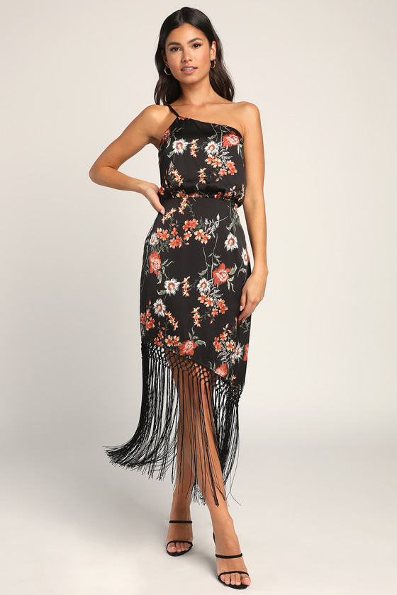 Let's Be Fringe Black Floral Print Satin One-Shoulder Midi Dress