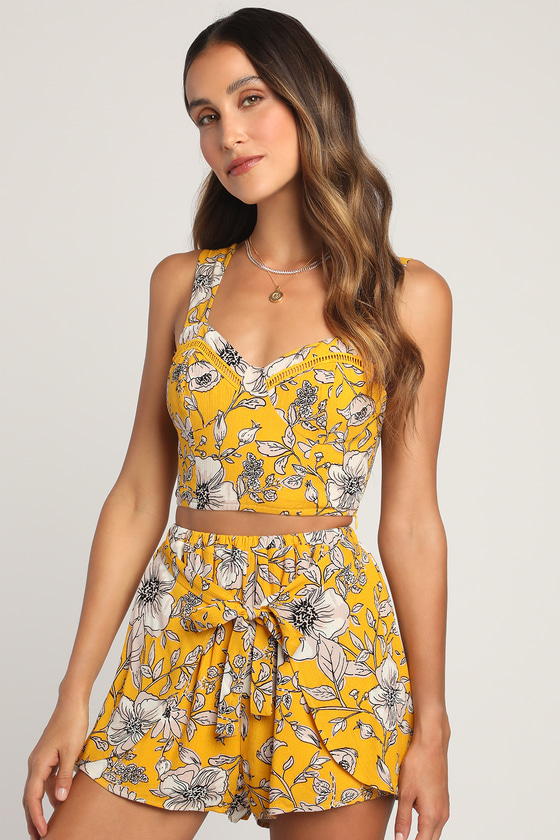 Lulus Flowers Bloom Yellow Floral Print Two-piece Sleeveless Romper
