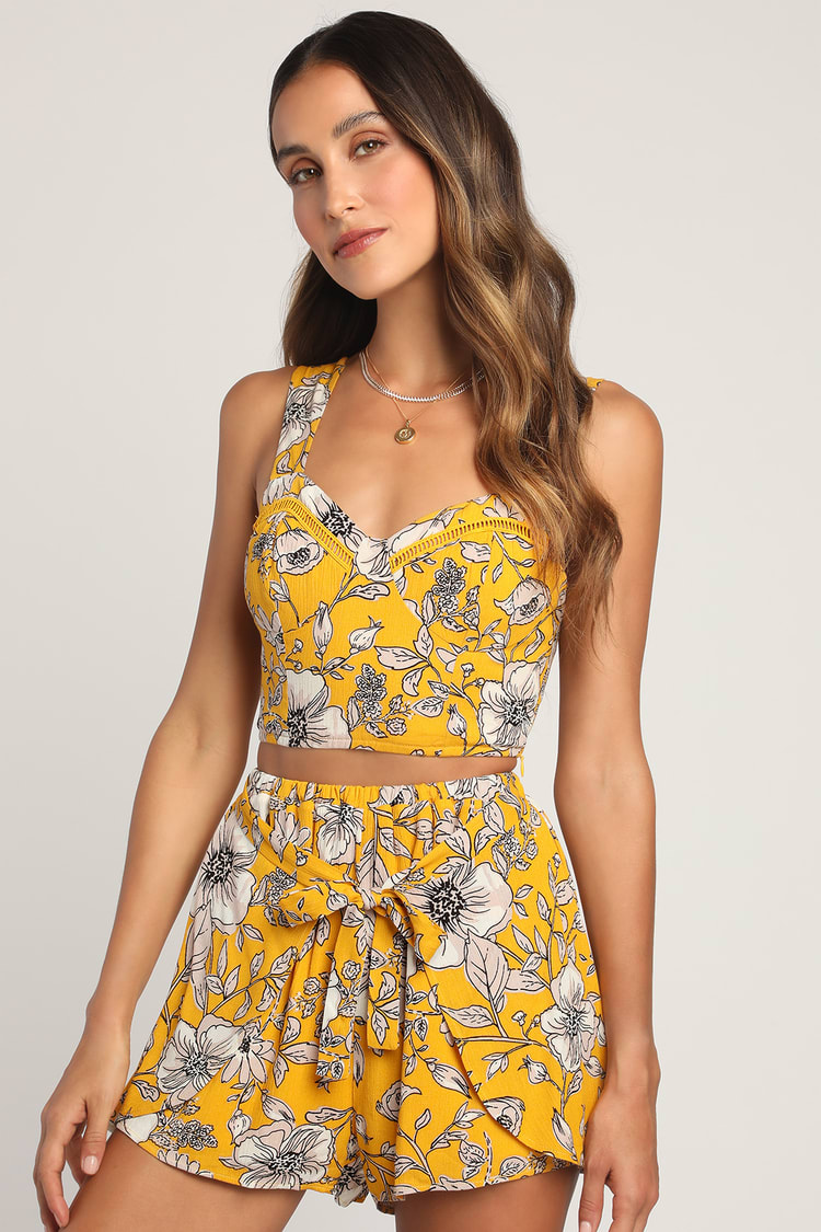 Flowers Bloom Yellow Floral Print Two-Piece Sleeveless Romper