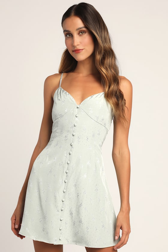 Constantly Chic Sage Green Floral Jacquard Satin Mini Dress 4