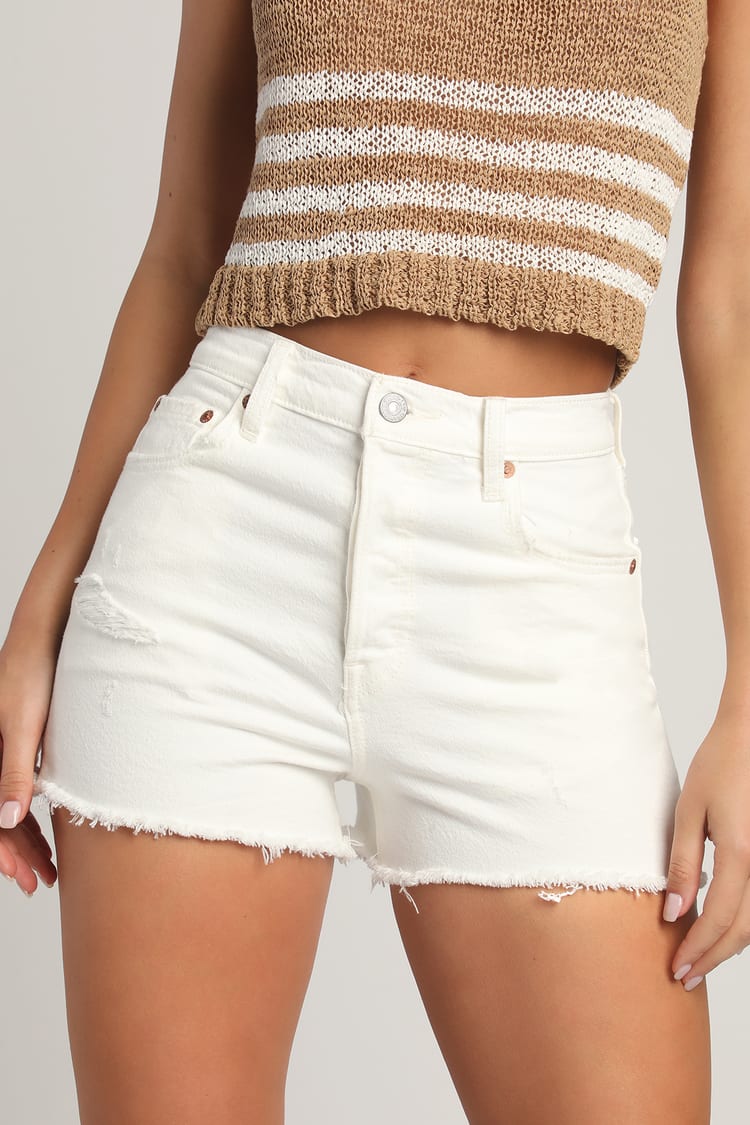 Sofie Distressed HIghrise Denim Cutout Shorts