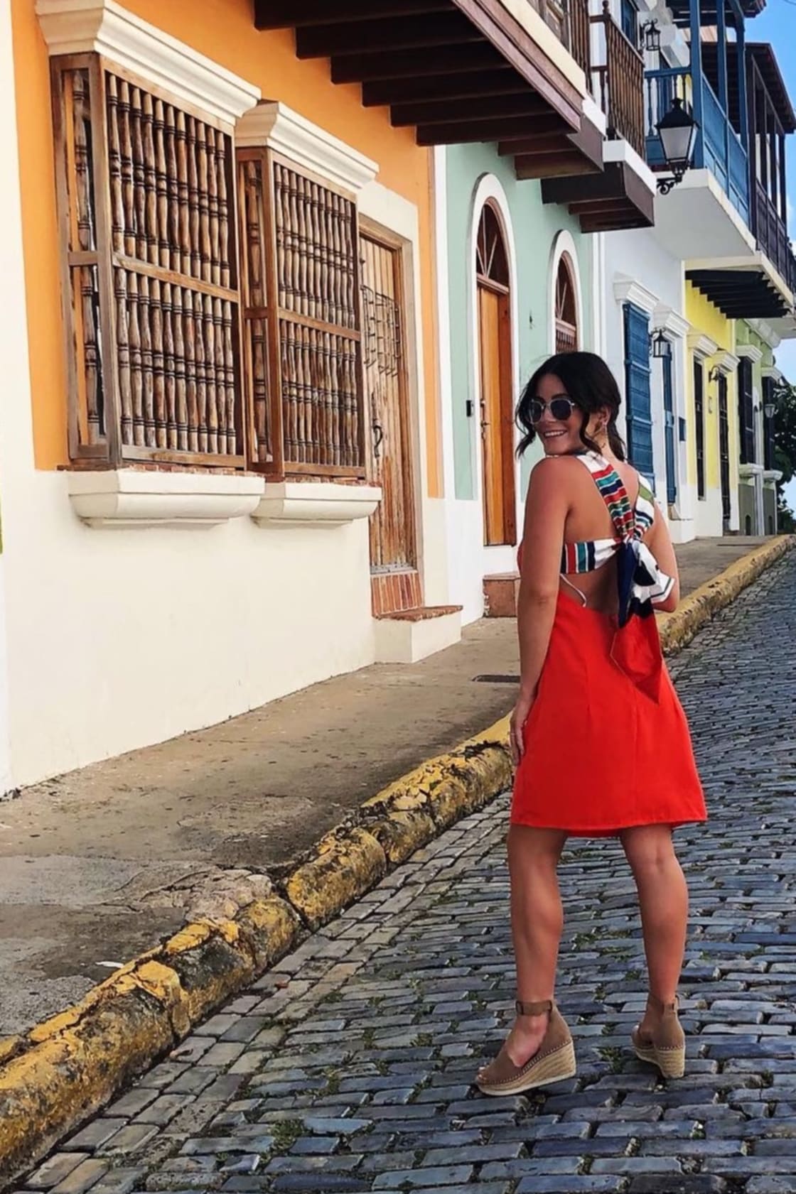 Cute Vacation Outfit for Mexico with Bright Red Dress and Wedges