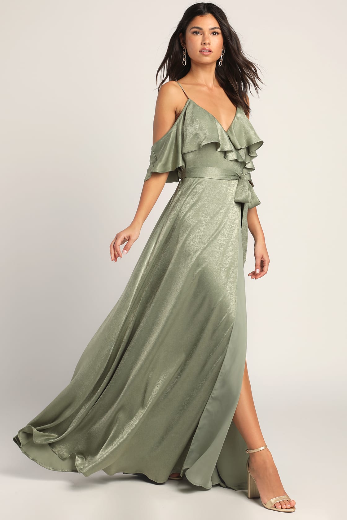 Moriah Sage Green Satin Wrap Maxi Dress
