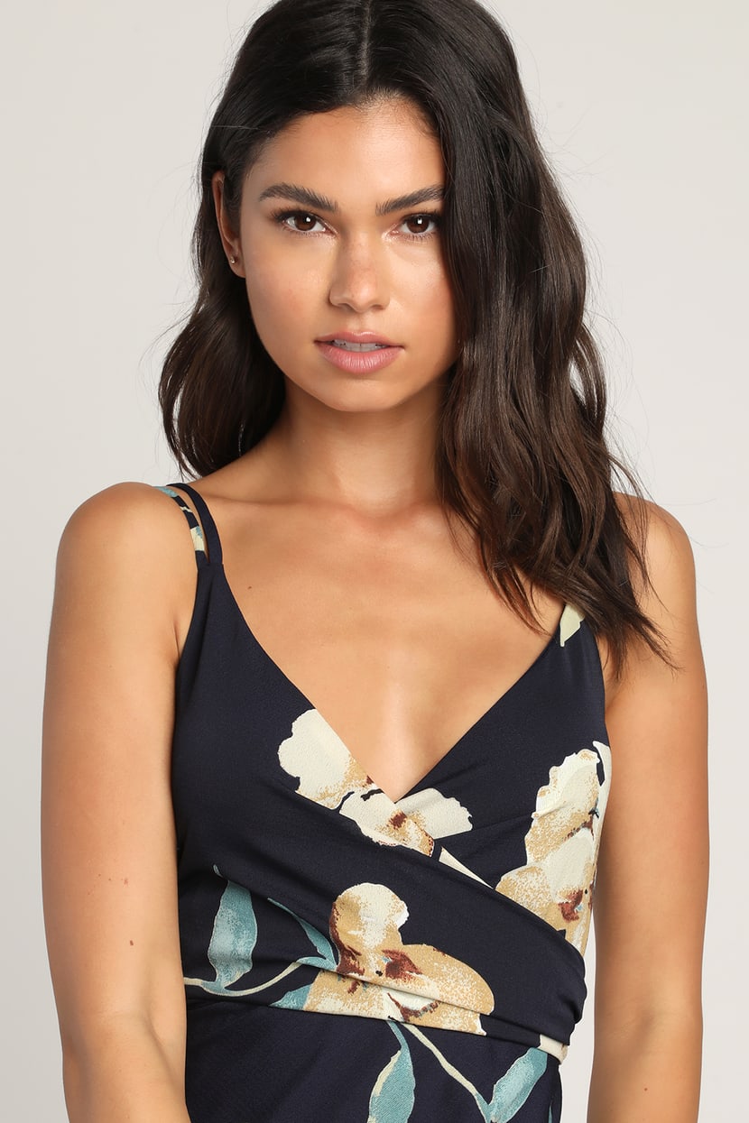 Draw You Close Navy Blue Floral Sleeveless Surplice Midi Dress