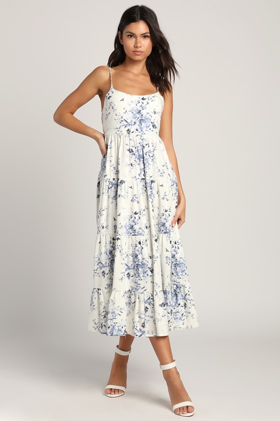 Lulus Mykonos Mood Ivory Floral Print Tie-strap Tiered Midi Dress