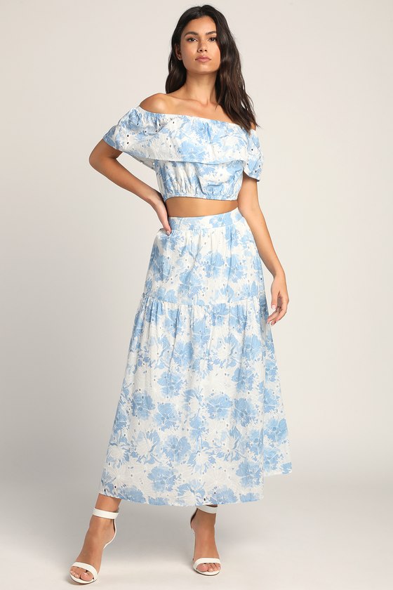 Made for Mallorca White and Blue Eyelet Tiered Maxi Skirt