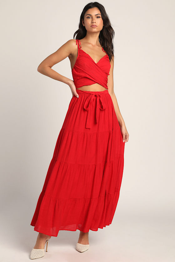Red TieStrap Dress Tiered Maxi Dress Cutout Maxi Dress Lulus