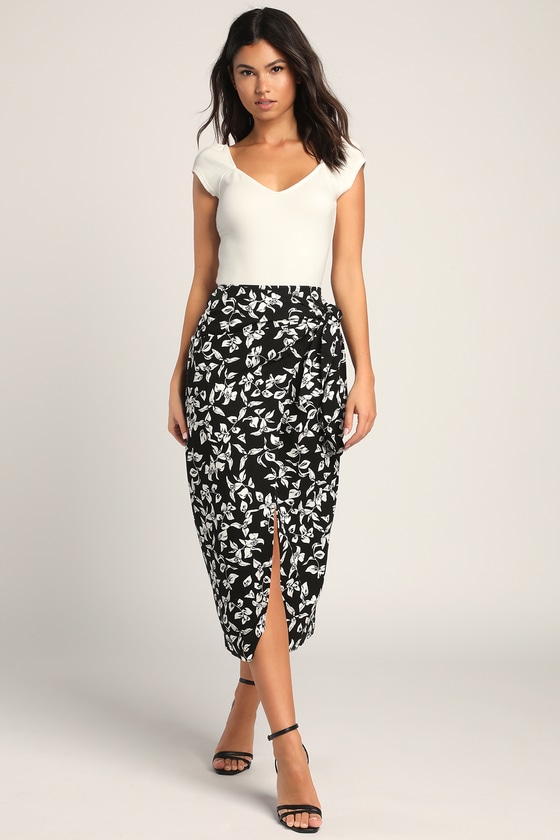 Black Floral Wrap Skirt - Midi Wrap Skirt - Cute Midi Skirt - Lulus