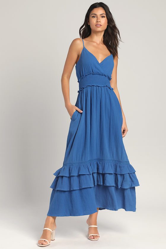 Blue Sleeveless Dress - Tiered Maxi 