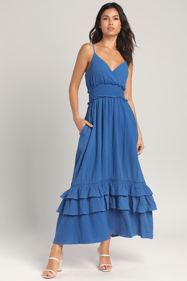 Crushing in Cabo Blue Tiered Maxi Dress With Pockets