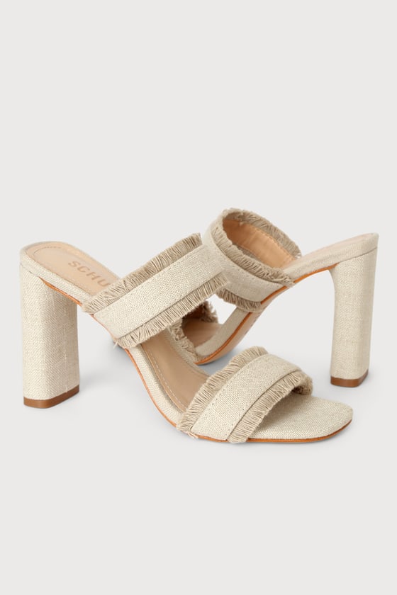 Amely Beige Fringe High Heel Slide Sandals