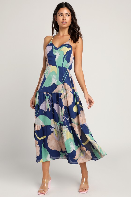 Blue Multi Floral Dress - Tiered Midi Dress - Lace-Up Back Dress - Lulus