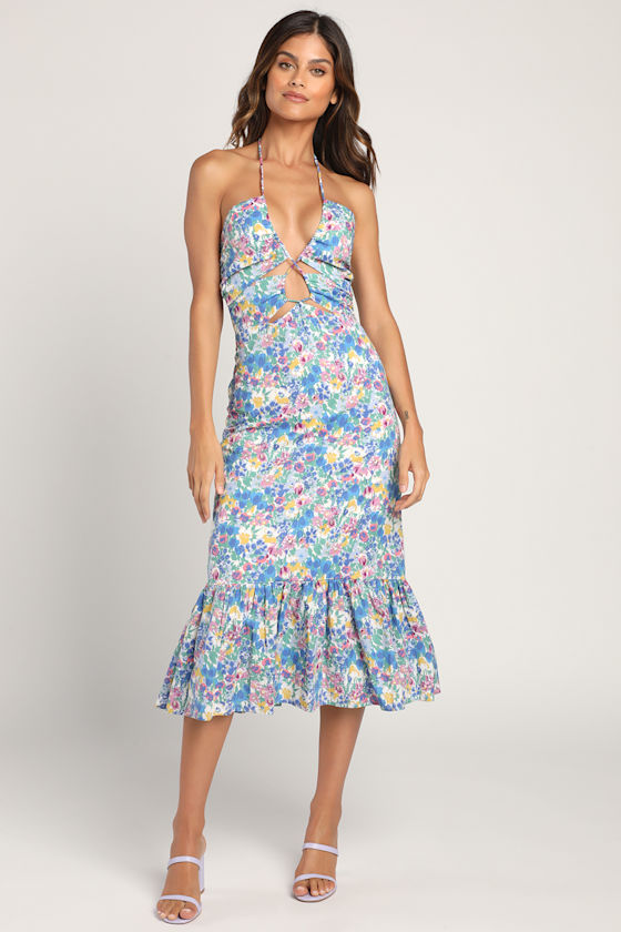 Flying Tomato Azure Floral Cotton Halter Midi Dress