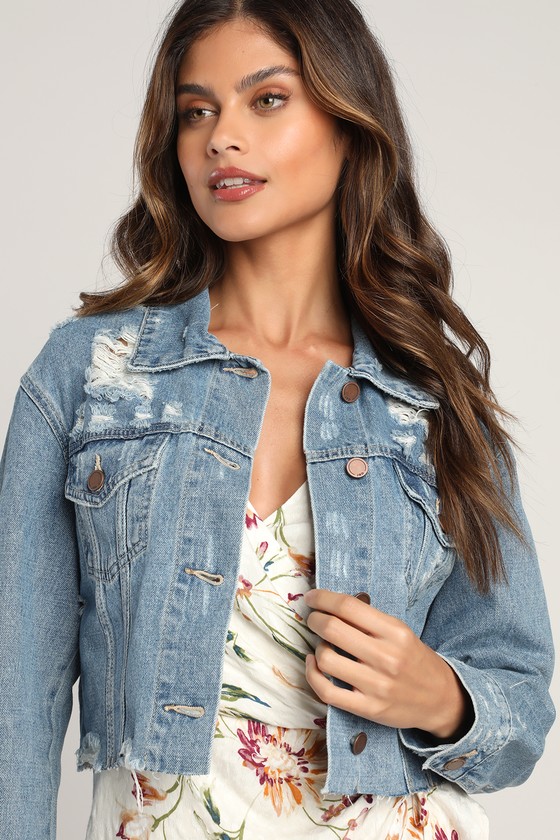 Buy QUECY Womens Cropped Jean Jacket Long Sleeve Ripped Button Down Denim  Jacket Medium Wash S at Amazonin
