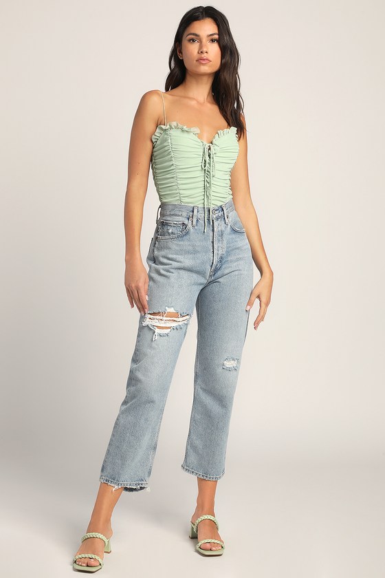 Some Nights Sage Green Lace-Up Ruched Sleeveless Bodysuit 3