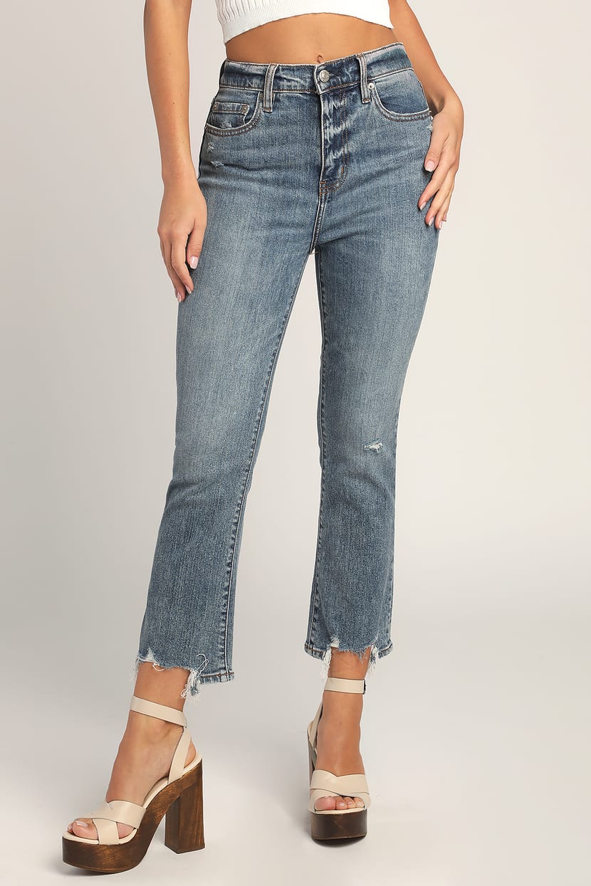 Shy Girl Medium Wash High-Waisted Cropped Distressed Flare Jeans
