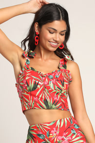 Island Experience Red Tropical Tie-Strap Bustier Crop Top