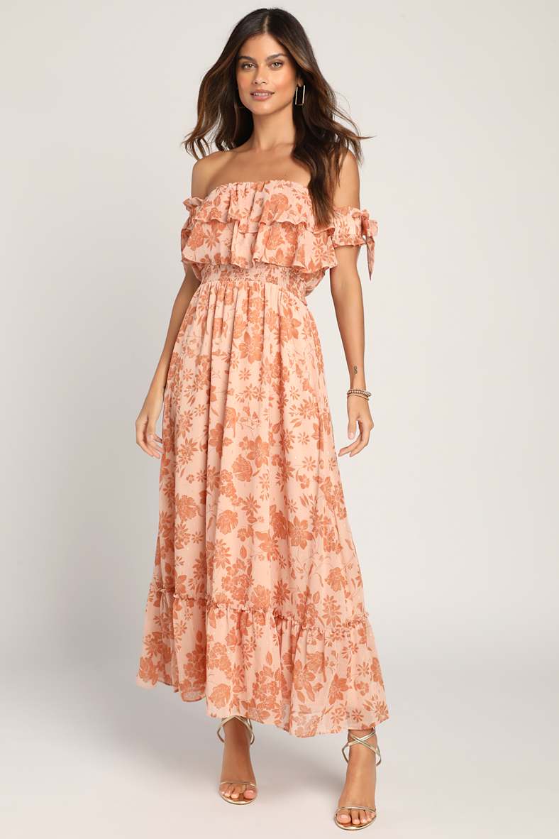 Love and Blooms Blush Floral Print Off-the-Shoulder Dress