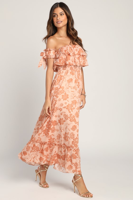 Lulus Love And Blooms Blush Floral Print Off-the-shoulder Dress In Pink