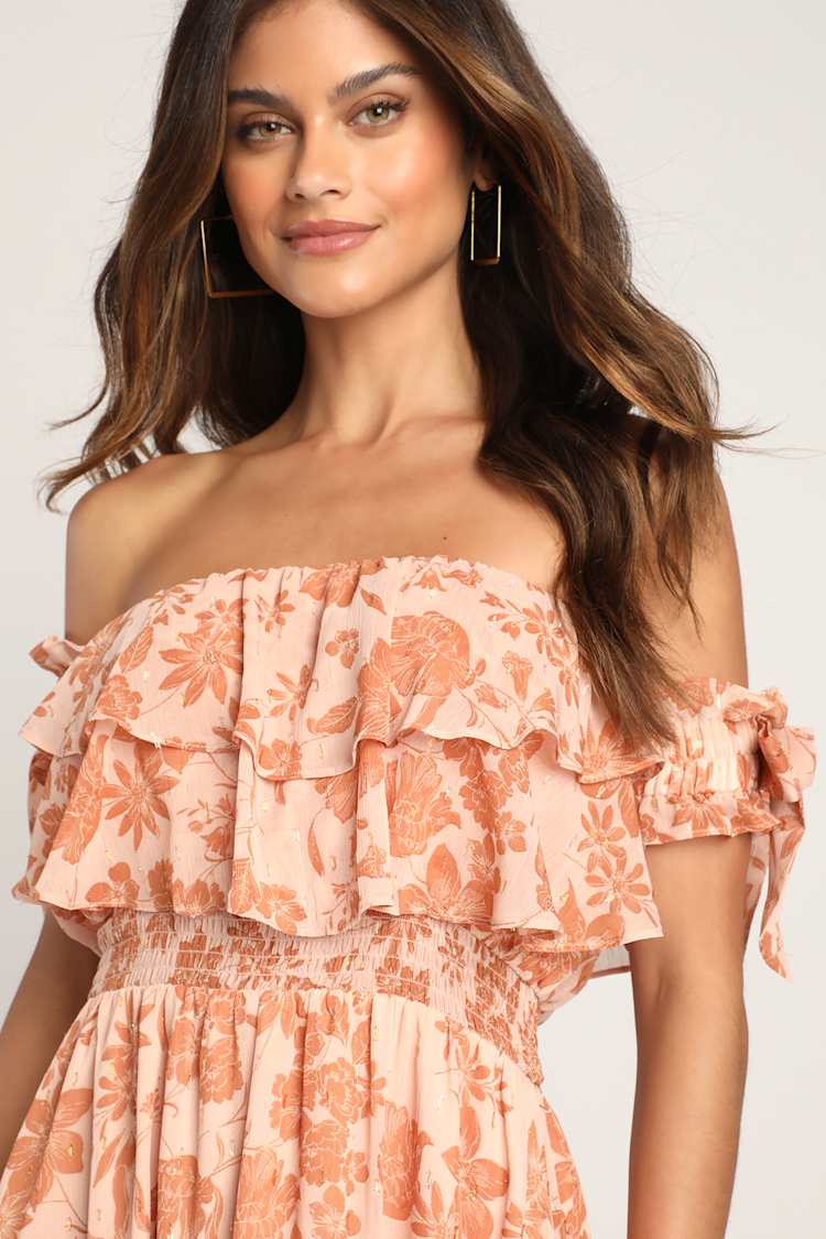 Love and Blooms Blush Floral Print Off-the-Shoulder Dress