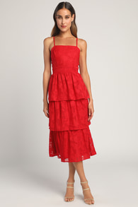 Grace and Beauty Red Burnout Floral Print Tiered Dress