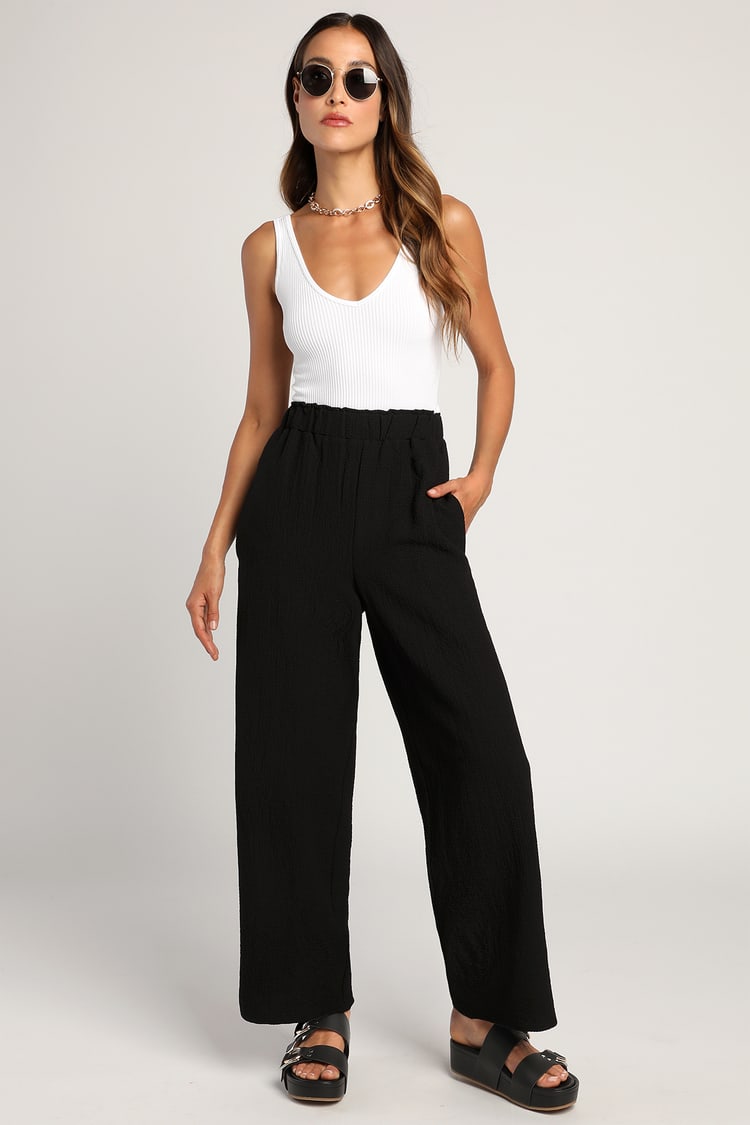 Essence of Chic Black Textured High Waisted Wide-Leg Pants