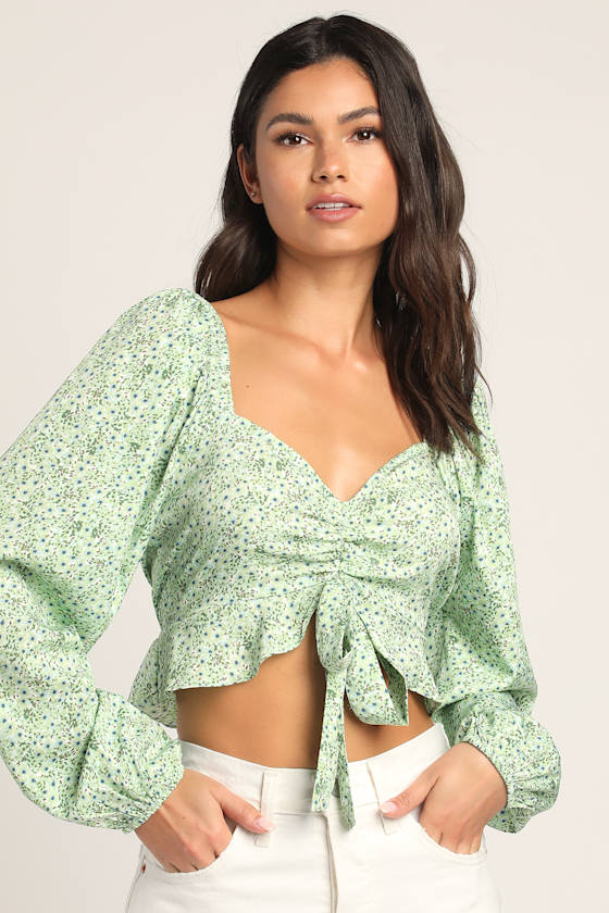 Henna Green Floral Print Long Sleeve Crop Top 5