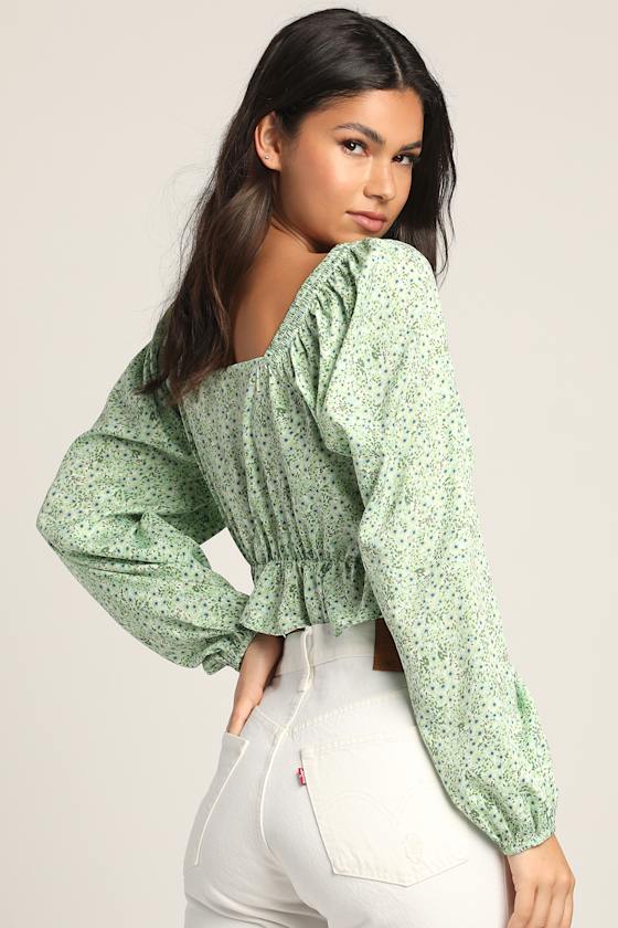 Henna Green Floral Print Long Sleeve Crop Top 6