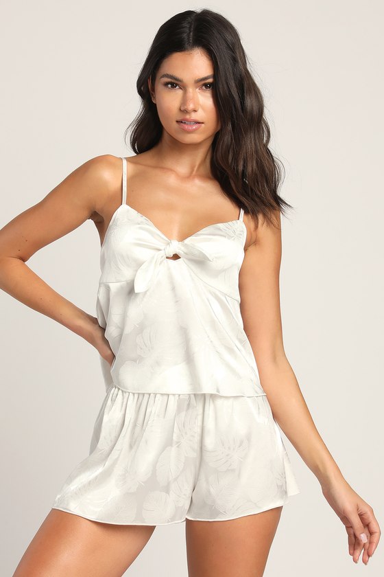 Vacation State of Mind Ivory Satin Jacquard Two-Piece Pajama Set