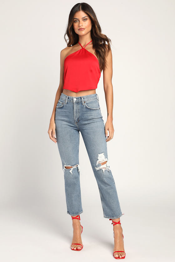 ★PISCESS★Eyelet Punching Sleeveless Top★Red★大人気★ Red Halter Top - Sleeveless Top - Tie-Back Top - Cami Top