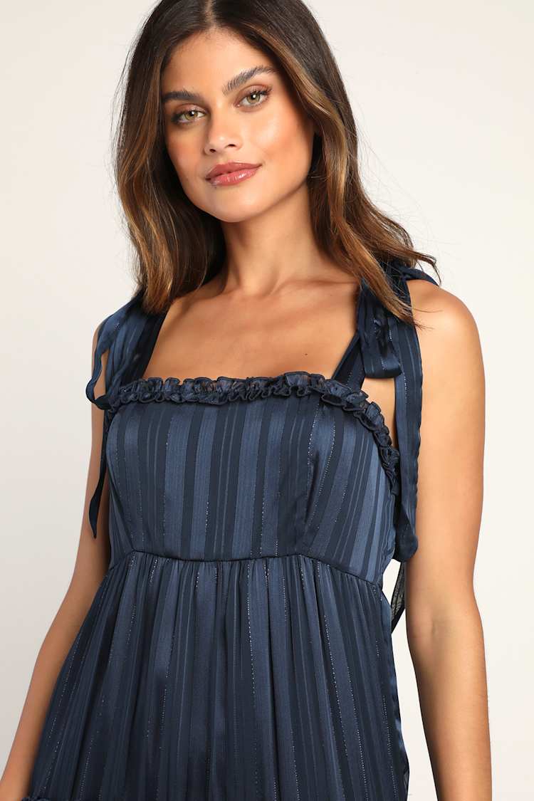 Day for Romance Navy Blue Tie-Strap Tiered Midi Dress