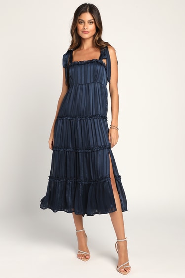 Day for Romance Navy Blue Tie-Strap Tiered Midi Dress