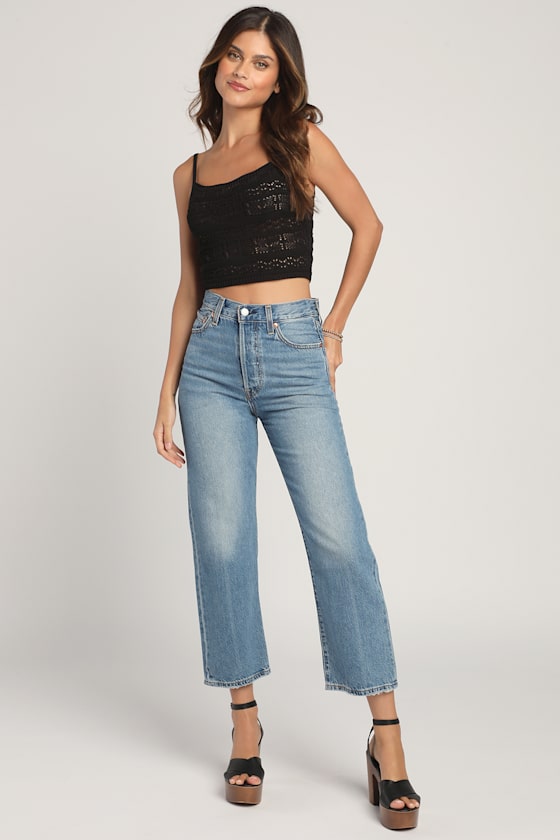 Miss The Pointelle Black Cropped Pointelle Knit Tank Top 2