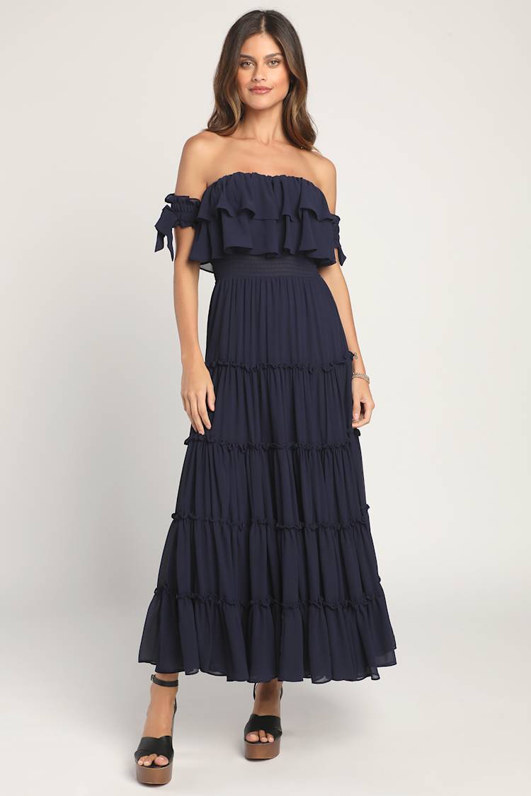 Navy Blue Maxi Dress - Off-the-Shoulder Dress - Ruffled Dress - Lulus Navy Blue Maxi Dress - Off-the-Shoulder Dress - Ruffled Dress - Lulus
