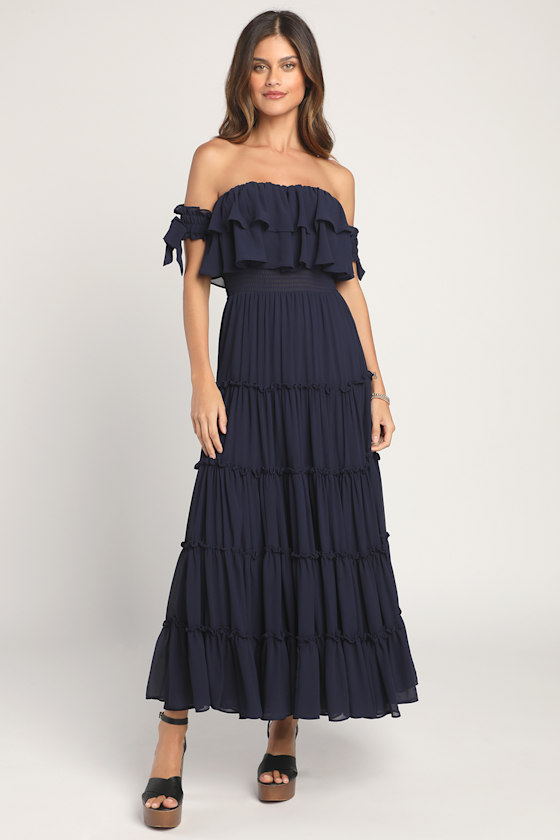 Navy Blue Maxi Dress - Off-the-Shoulder Dress - Ruffled Dress - Lulus