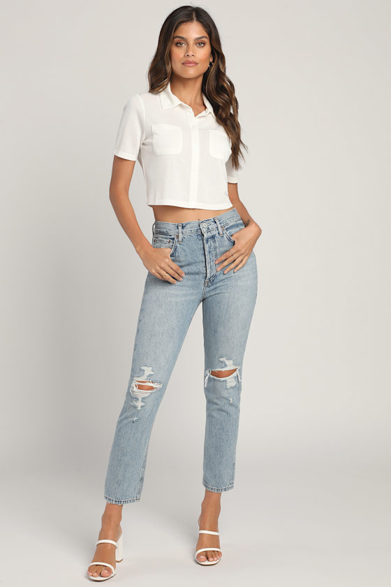 Riley Medium Wash High Rise Distressed Straight Cropped Jeans 1